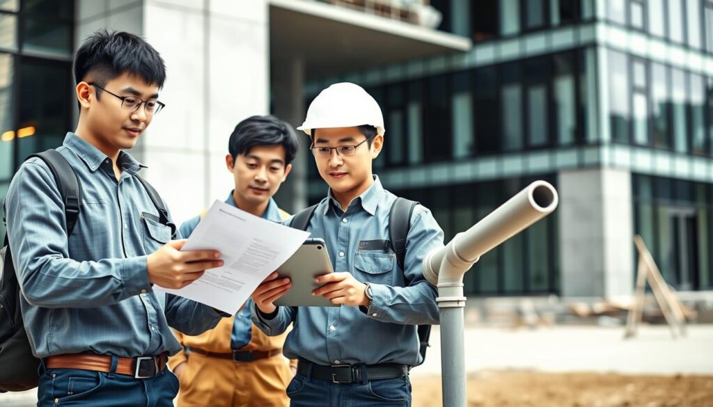 A group of three young Japanese-looking men in their 20s or 30s, wearing work uniforms and standing in front of a construction site. One man is reviewing documents, another is using a tablet, and the third is examining a pipe. The scene is well-lit, with a slightly warm color tone, captured with a medium-range lens at a 3/4 angle. The background shows the façade of a modern office building, conveying a sense of a bustling urban environment. The overall mood is professional and informative, reflecting the technical nature of the plumbing industry and the analysis of plumbers' average annual earnings.