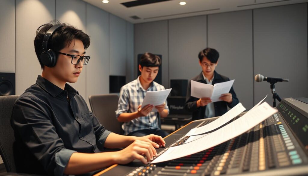 A group of three young, Japanese-looking musicians in a modern, well-lit recording studio. The lead arranger, a focused, bespectacled man, sits at a mixing console, his fingers delicately manipulating the knobs and sliders. Behind him, two other arrangers review sheet music, their expressions serious as they discuss the composition. The room has a sleek, professional vibe, with state-of-the-art equipment and a sense of creative energy. Soft, directional lighting casts dramatic shadows, highlighting the concentration on the arrangers' faces as they work to perfect their craft and maximize their income.