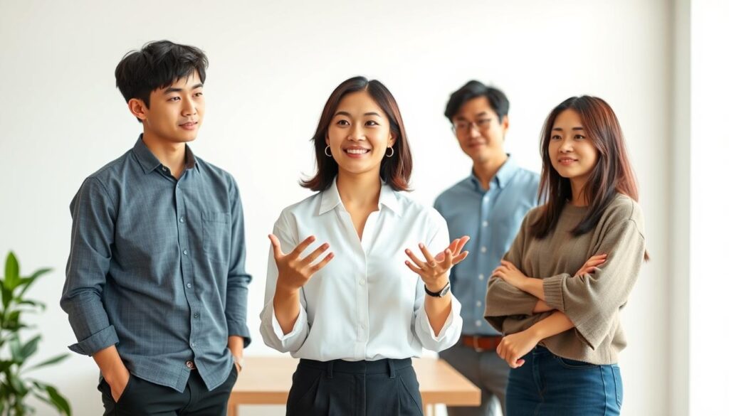 A group of three young, Japanese-looking people standing confidently in a modern, minimalist office setting. The central figure, a woman in a crisp white blouse, is speaking animatedly to her colleagues, her hands gesturing passionately as she shares her expertise. The other two, a man and a woman, listen intently, their expressions engaged and eager to learn. Soft, natural lighting floods the space, creating a warm, professional atmosphere. The scene conveys the success and expertise of these "vegetable sommeliers" - individuals who have honed their knowledge and skills to become trusted authorities in the field of produce.