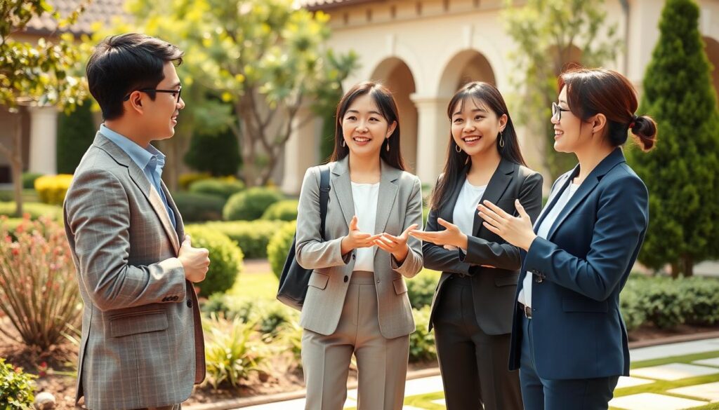 A group of three young Japanese-looking professionals, a male and two females, engaged in an animated discussion. They are standing in a beautifully landscaped exterior setting, with carefully manicured greenery and architectural elements in the background. The lighting is natural, warm, and flattering, creating a sense of professionalism and collaboration. The figures are posed in a way that emphasizes active communication, with gestures, eye contact, and focused expressions. The overall atmosphere conveys the importance of strong communication skills for an exterior design professional.