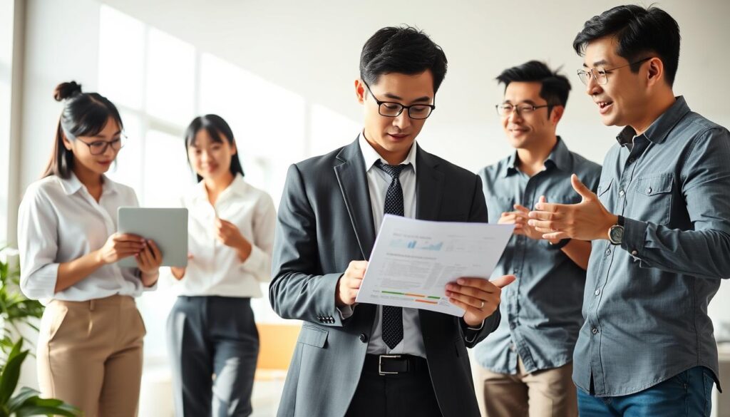 A group of three young, Japanese-looking professionals in a meticulously designed modern office setting. The central figure is a thoughtful-looking man in a suit, holding a tablet and studying a financial report. To his left, a woman in a blouse and slacks is deep in concentration, analyzing data on her laptop. To his right, another man in a casual button-up shirt is gesturing animatedly, engaged in a lively discussion. The lighting is soft and natural, creating a sense of tranquility and focus. The overall atmosphere conveys an air of serious yet productive deliberation, as the team collaborates to assess and understand the financial landscape of their field.