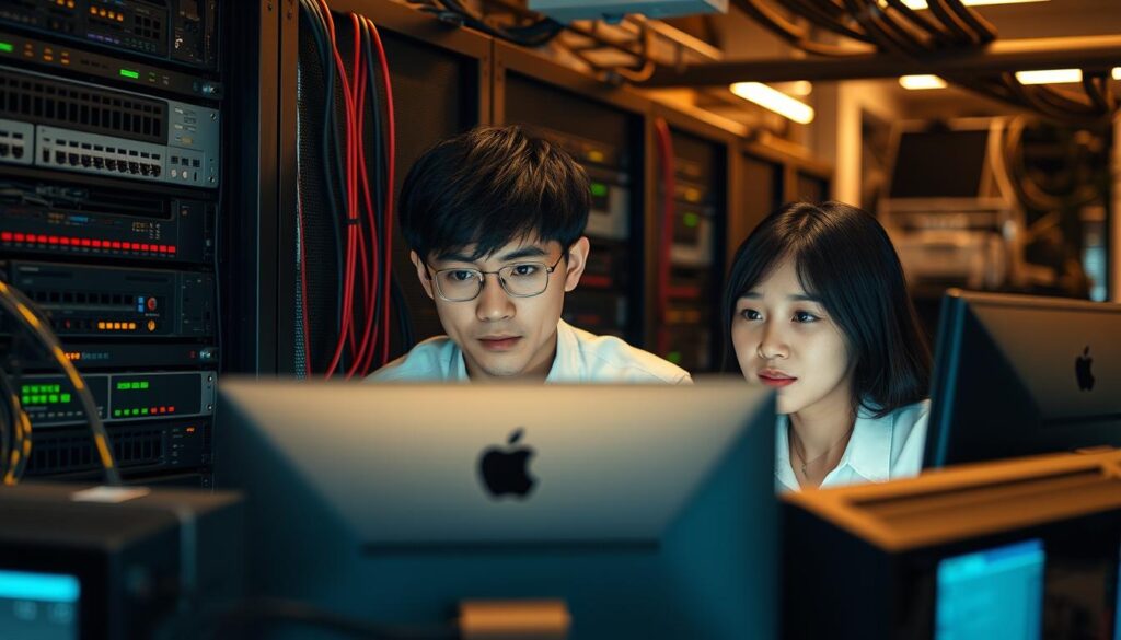 A group of three young, dark-haired Japanese-looking engineers working diligently on a computer, surrounded by various IT infrastructure components like servers, routers, and cables. The scene is bathed in a warm, ambient lighting, conveying a sense of focused professionalism and the vital role infrastructure engineers play in maintaining and improving the technological backbone that powers our modern world. The engineers' expressions reflect their deep understanding of the importance of their work and their dedication to ensuring the reliable and efficient functioning of the systems they oversee.