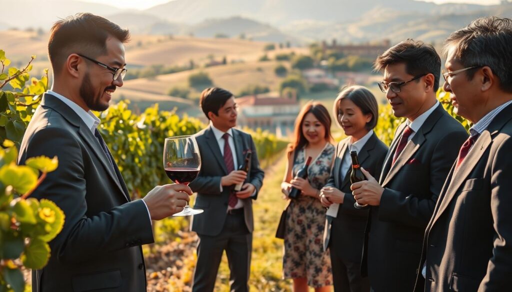 A group of well-dressed Japanese men and women, standing in a picturesque European vineyard, engaged in animated conversation. The warm afternoon sunlight filters through the lush grape vines, casting a golden glow over the scene. In the foreground, a sommelier swirls a glass of deep red wine, discussing its nuanced flavors with his colleagues. In the middle ground, others examine bottles and compare tasting notes, their expressions indicating a shared passion for the craft. In the background, rolling hills and a historic winery provide a breathtaking backdrop, evoking the rich history and global reputation of the region. The overall atmosphere conveys a sense of professional camaraderie, international collaboration, and a deep appreciation for the art of winemaking.