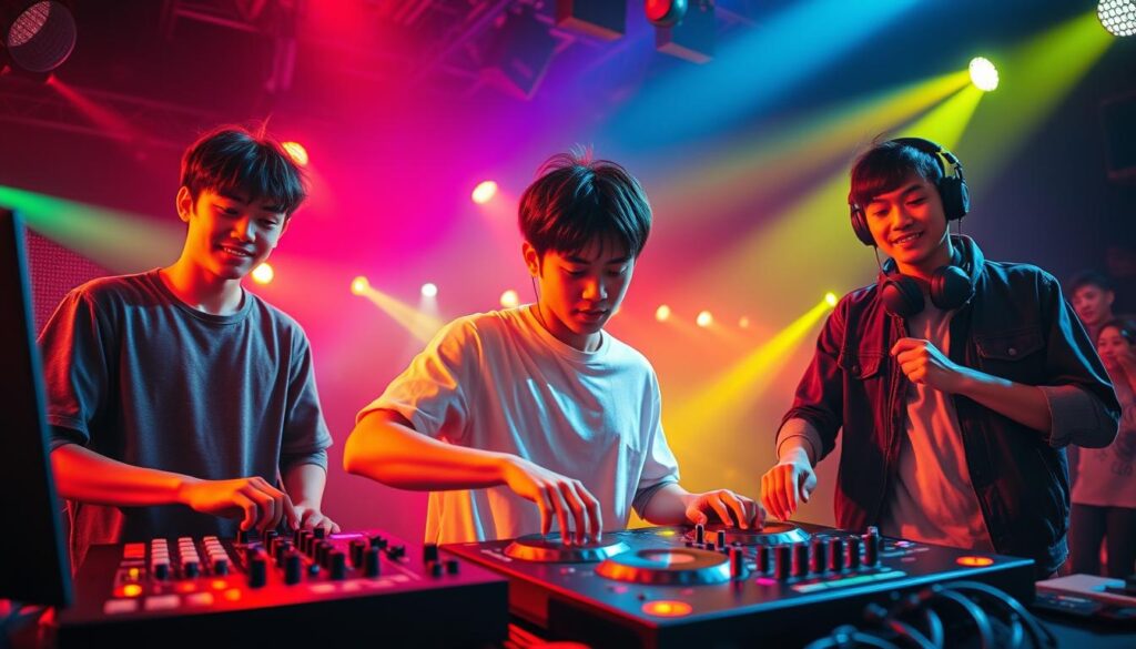 A group of young, Japanese-looking DJs captured in a dynamic, realistic photo. They are shown in various poses, representing the diverse work styles of the profession - one is standing behind a mixing console, another is scratching on turntables, while a third is energetically performing on stage. The scene is bathed in warm, colorful lighting that creates a vibrant, energetic atmosphere. The DJs' expressions convey their passion and dedication to their craft. The image provides a comprehensive visual overview of the different work settings and activities that make up the multifaceted career of a DJ.