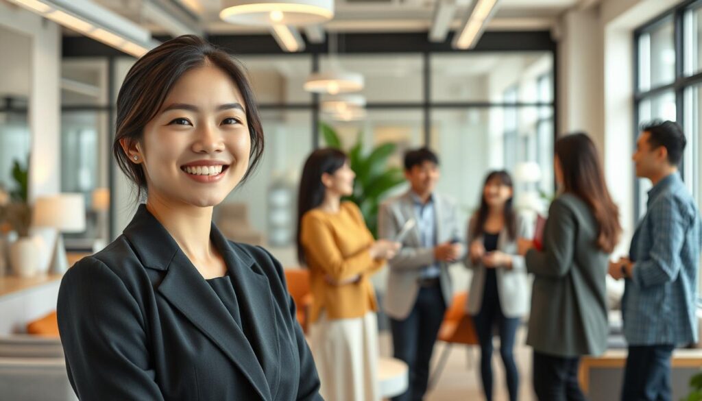 A group of young, Japanese-looking employees gather in a bright, well-lit office setting. In the foreground, a female employee in a smart, professional outfit smiles warmly, conveying a sense of contentment and satisfaction. In the middle ground, several colleagues engage in friendly conversation, their body language suggesting a positive, collaborative atmosphere. The background features tasteful decor, high-quality furnishings, and large windows, creating an inviting, modern workspace that suggests a focus on employee well-being and comfort. The overall scene reflects a harmonious, supportive work environment with a strong emphasis on employee benefits and amenities.