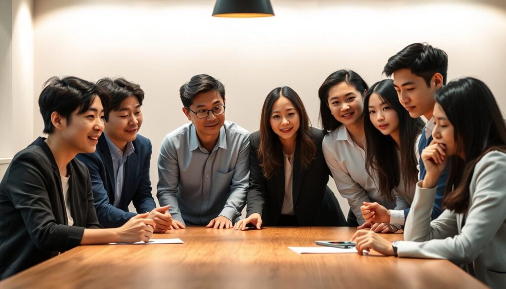 A group of young, Japanese-looking facilitators gathered in a well-lit, minimalist meeting room, engaging in a collaborative discussion. The scene conveys a sense of professionalism, focus, and open communication. The facilitators sit around a sleek, wooden table, leaning in attentively, their expressions thoughtful. Warm, directional lighting highlights their faces, casting subtle shadows that accentuate their features. The background is a clean, neutral-toned wall, allowing the facilitators to be the central focus. The overall mood is one of productive, engaged problem-solving.