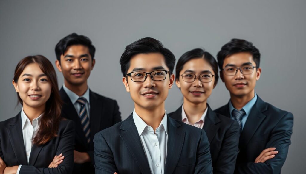 A group of young, Japanese-looking fund managers posing for a professional headshot. They are dressed in formal business attire, with serious yet approachable expressions. The lighting is soft and flattering, creating a sense of authority and expertise. The background is a simple, plain studio setup with a neutral color palette, allowing the subjects to be the central focus. The overall mood is one of competence, reliability, and financial acumen, conveying the qualifications and capabilities required for this specialized career path.