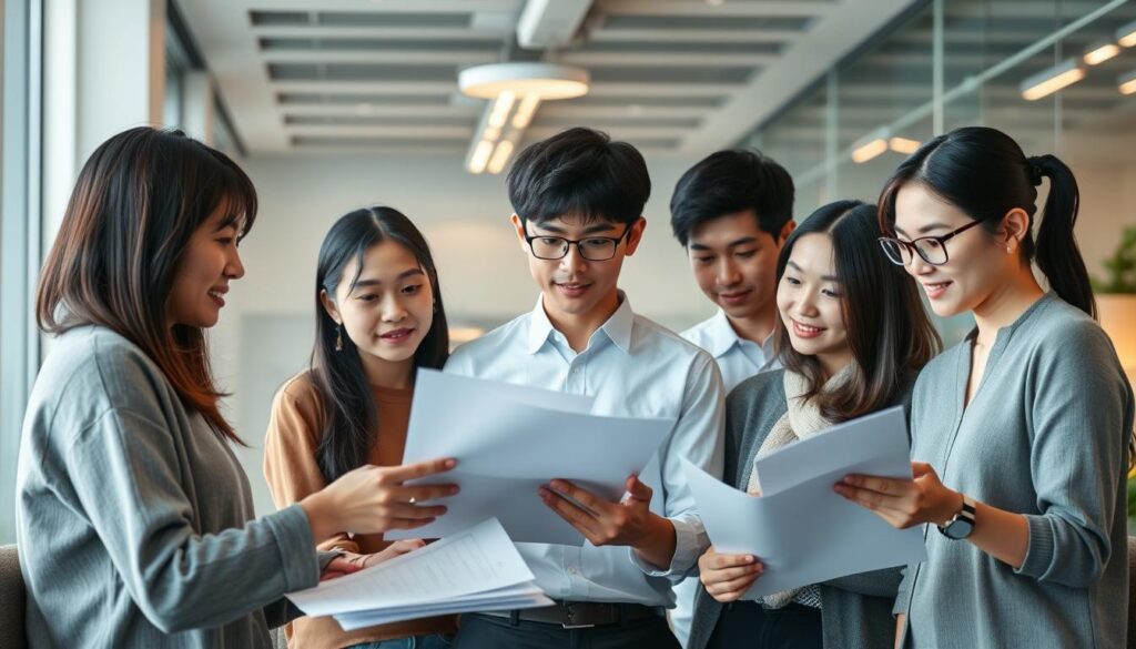 A group of young, Japanese-looking fundraisers in a modern office setting, working together on a fundraising campaign. Soft, directional lighting illuminates their focused expressions as they review documents and discuss strategies, conveying the importance and social impact of their profession. The scene exudes a sense of purpose, teamwork, and a desire to make a positive difference in the community.