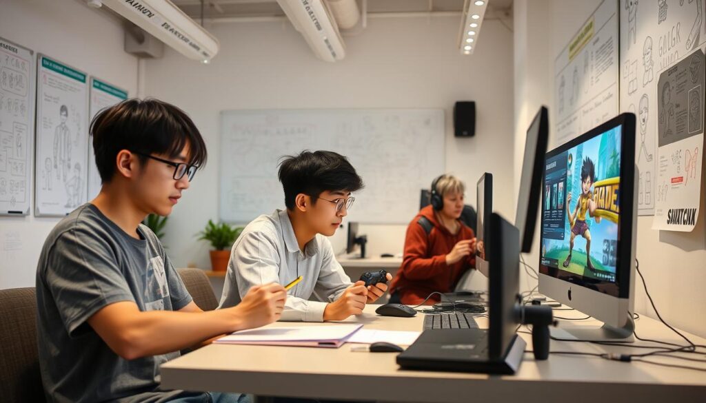 A group of young, Japanese-looking game designers hard at work in a modern, well-lit studio. One designer intently sketches on a tablet, another tinkers with a game controller, and a third animates a character on a computer screen. The walls are adorned with concept art and whiteboards filled with ideas. The atmosphere is focused and creative, capturing the essence of the game designer's profession and the potential for a fulfilling career with a competitive salary.