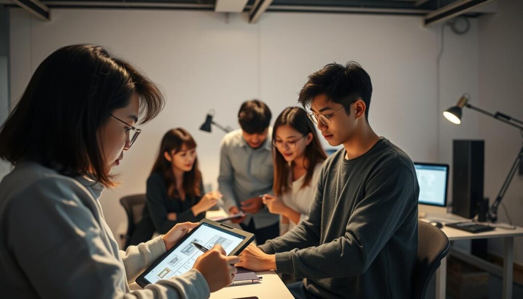 A group of young, Japanese-looking graphic designers collaborating in a modern, well-lit studio. In the foreground, a designer carefully sketches ideas on a tablet, while their colleagues discuss concepts and work on their computers in the middle ground. Soft, directional lighting illuminates the scene, creating a warm, focused atmosphere that highlights the designers' creative process and dedication to their craft. The background features minimalist decor and equipment, keeping the attention on the dynamic, hardworking team.