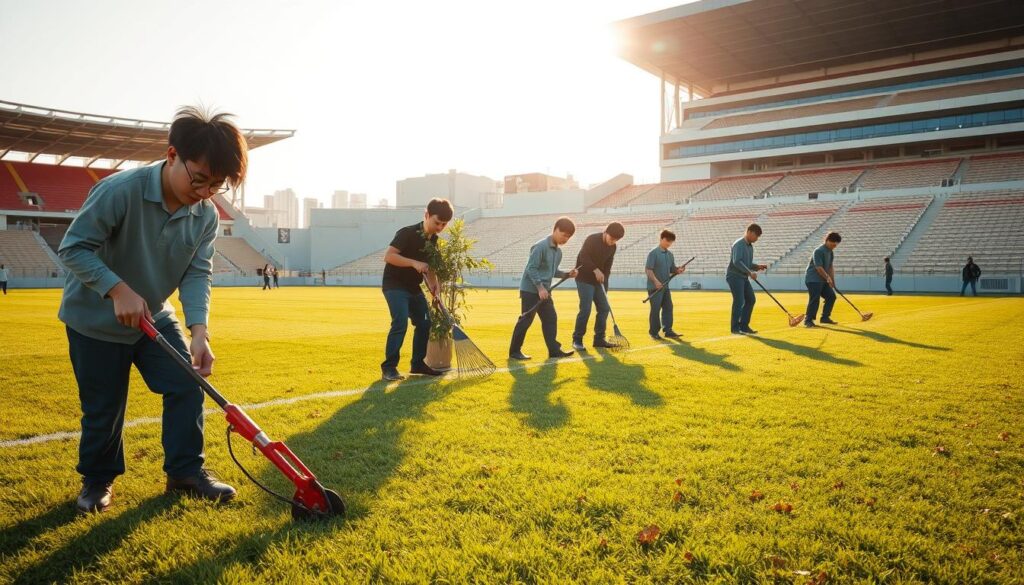 A group of young, Japanese-looking groundskeepers tending to a well-manicured sports field under the warm glow of the afternoon sun. In the foreground, a groundskeeper carefully trims the grass with a precise, practiced motion. In the middle ground, others rake leaves, water plants, and inspect the condition of the turf. In the background, a modern stadium looms, hinting at the larger context of their work. The scene conveys a sense of pride, dedication, and the opportunity for career advancement within this specialized profession.