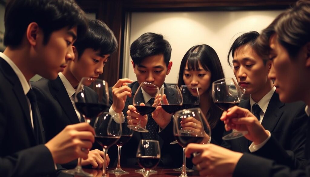 A group of young Japanese-looking individuals, dressed in formal attire, intently focusing on the task of wine tasting. The scene is set in a dimly lit but well-appointed room, with subtle lighting highlighting the fine glassware and the deep, rich colors of the wine. The tasters swirl, sniff, and sip, their expressions conveying a deep appreciation for the nuances of the vintage. The atmosphere is one of quiet concentration, as they meticulously analyze the wine's aroma, body, and flavor profile, demonstrating the specialized expertise of seasoned sommeliers.