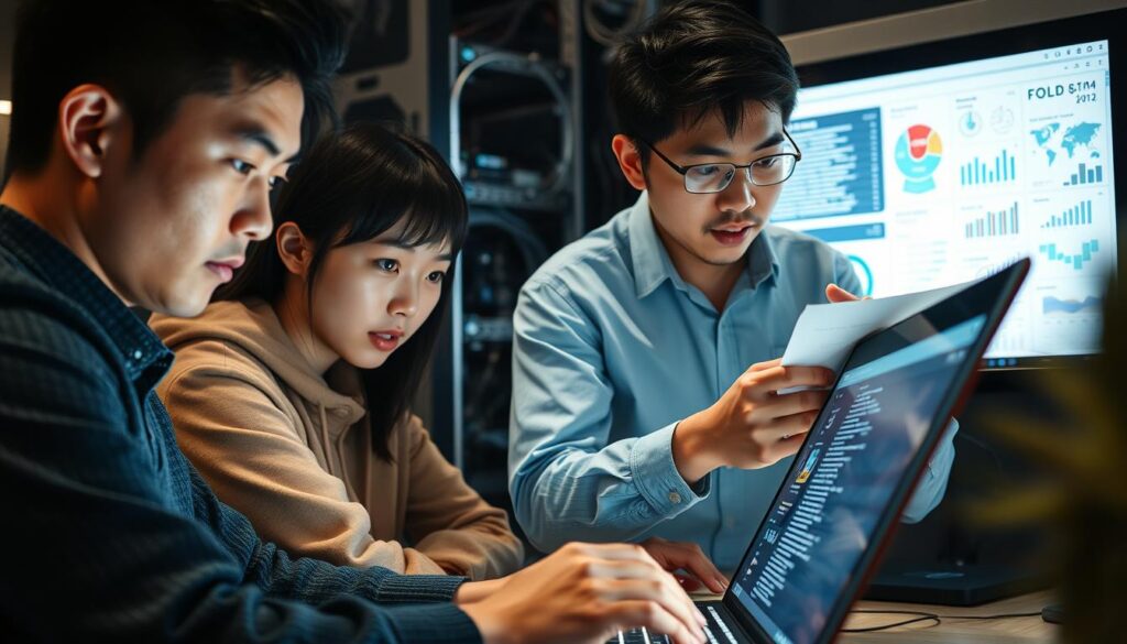 A group of young, Japanese-looking individuals, each demonstrating a different technical skill related to system engineering. In the foreground, a programmer intently typing code on a sleek laptop, the screen's luminous glow casting a soft light on their focused expression. In the middle ground, a network engineer examining a complex wiring diagram, their brow furrowed in concentration. In the background, a data analyst scrutinizing a dashboard of charts and graphs, their gaze intense as they parse the information. The scene is captured with a cinematic, documentary-style lighting, highlighting the specialized expertise and dedication of these skilled professionals.