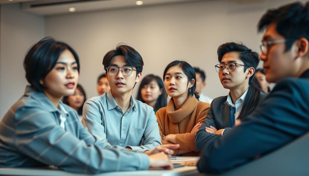A group of young, Japanese-looking individuals engage in a comprehensive training program, their focused expressions conveying the gravity of the occasion. The setting is a well-lit, modern conference room, with sleek furniture and minimalist decor that exudes a sense of professionalism. Soft, even lighting bathes the scene, highlighting the participants' attentive postures and creating an atmosphere of engaged learning. The attention to detail in their facial features and body language suggests a high-quality, realistic photographic depiction of this important educational initiative.