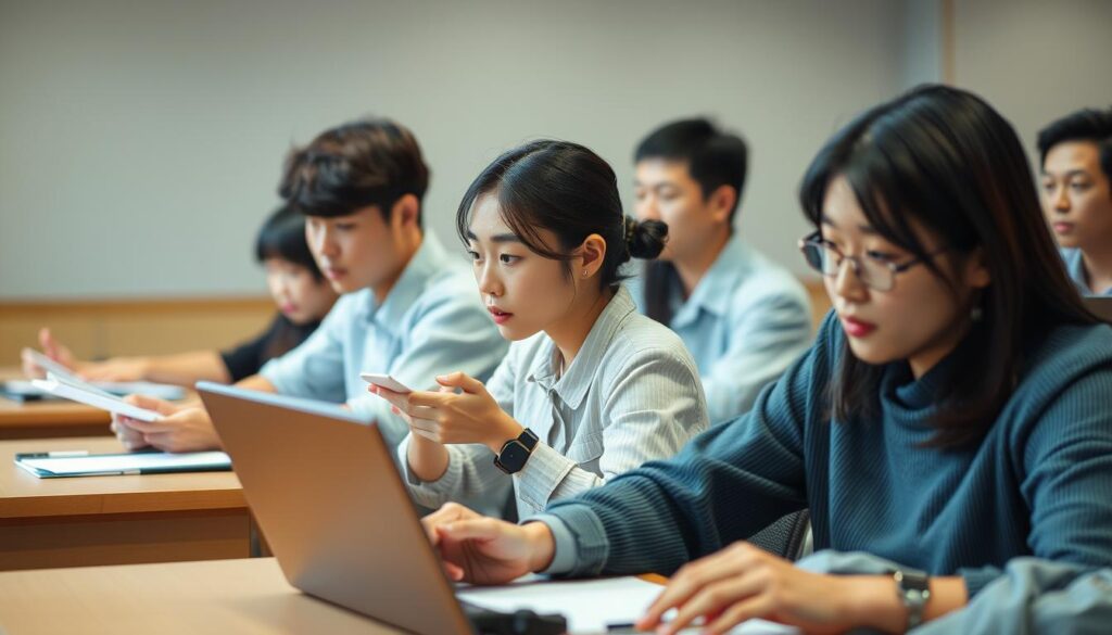 A group of young Japanese-looking individuals engaged in an intensive interpreter training session. They are seated at desks, intently focused on their task of simultaneous translation, their expressions conveying deep concentration. The lighting is soft and natural, accentuating the serious atmosphere. The scene is captured from a slightly elevated angle, providing a clear view of the trainees' dedicated effort to hone their linguistic skills and become proficient interpreters. The background is blurred, keeping the attention firmly on the central activity.