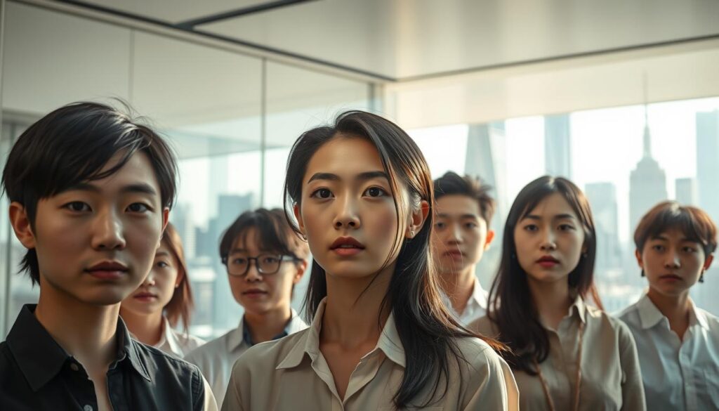 A group of young, Japanese-looking individuals gathered in a sleek, minimalist office space, their expressions serious and focused. Soft, natural lighting illuminates their faces, casting subtle shadows that accentuate their features. In the background, a towering cityscape of gleaming skyscrapers and technological infrastructure, hinting at the far-reaching influence of this technocratic class. The scene conveys a sense of power, precision, and the potential societal impact of this influential group.