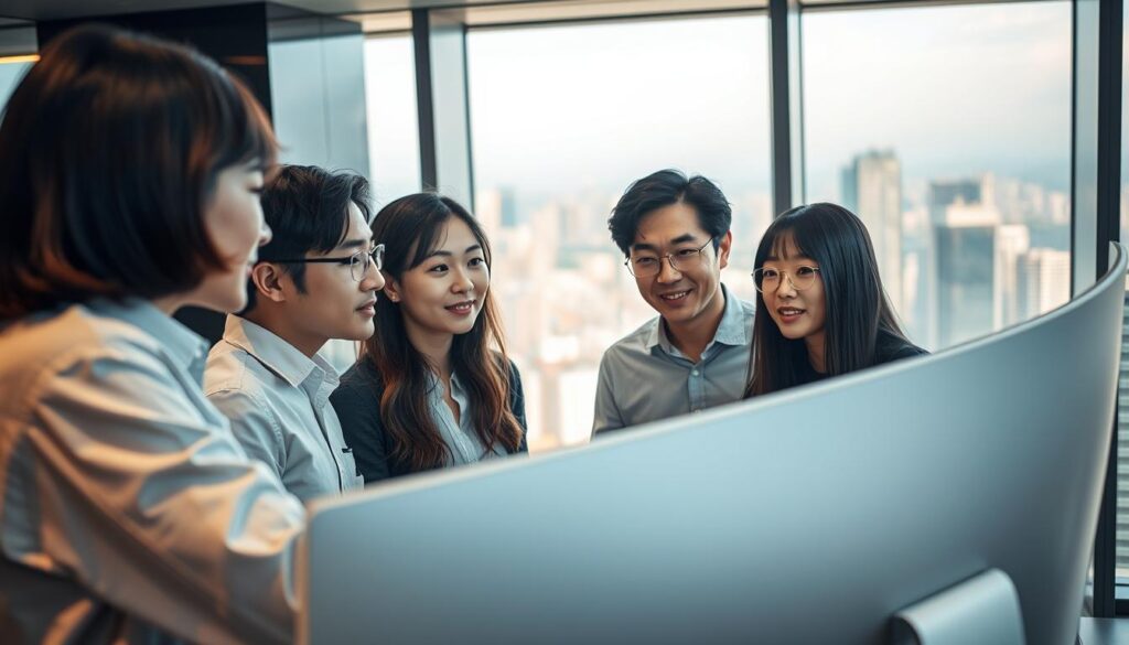 A group of young, Japanese-looking individuals in a sleek, high-tech office setting. They are gathered around a large, curved computer display, deep in discussion. The lighting is soft and warm, casting a subtle glow on their faces. The background features floor-to-ceiling windows overlooking a bustling city skyline, hinting at the global nature of their work. The scene conveys a sense of innovation, collaboration, and the power of technology to transcend borders.