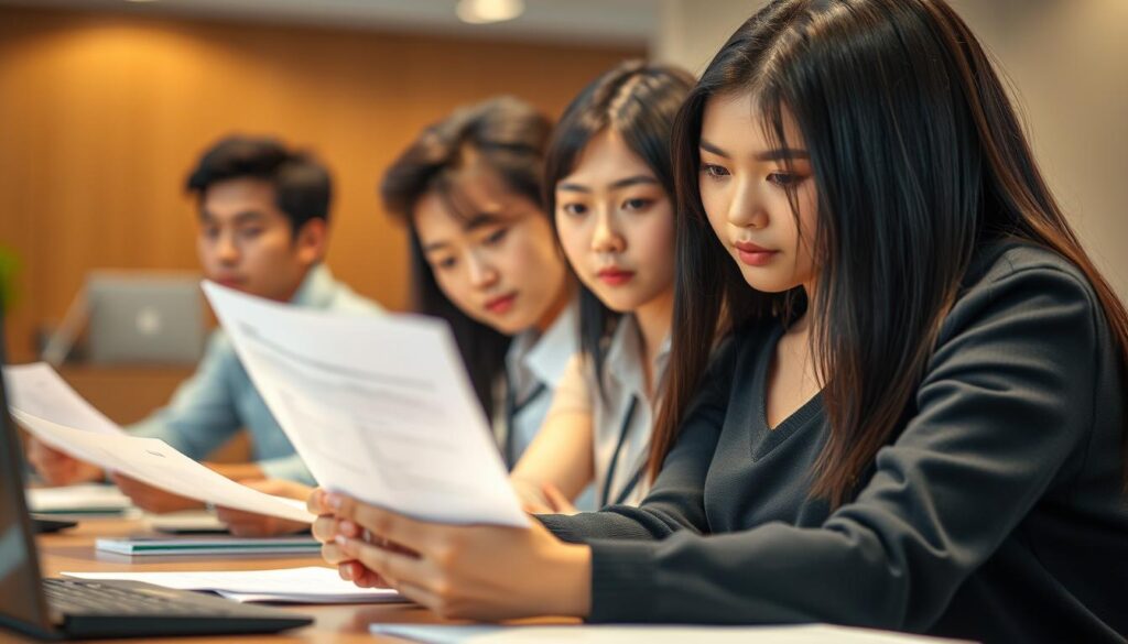A group of young Japanese-looking individuals, sitting at a desk and examining documents intently. The lighting is warm and natural, creating a focused and professional atmosphere. The models have distinct facial features, with black hair and a realistic, photographic appearance. The composition places the figures in the foreground, with a blurred background suggesting an office setting. The overall scene conveys the sense of carefully reviewing important information before taking action, as if considering the key points to check before signing up for a job site.