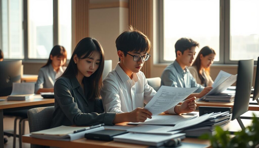A group of young Japanese-looking individuals sitting at desks, focused on manipulating various financial instruments and documents. The scene is illuminated by warm, natural lighting from large windows, creating a serene and professional atmosphere. The subjects' expressions convey a sense of concentration and expertise as they meticulously analyze data and make strategic decisions. The composition emphasizes the organized, structured nature of their work, with clean lines and a minimalist aesthetic. The overall mood suggests the stability and reliability of the manipulators' income stream.