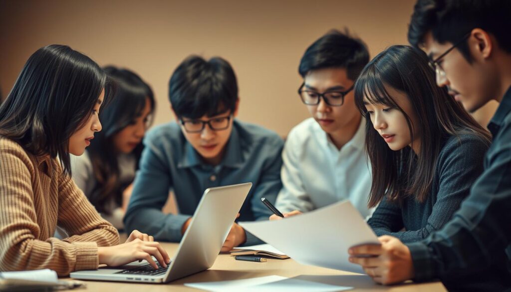 A group of young, Japanese-looking individuals, their dark hair and expressive faces captured in a realistic photographic style. They are gathered around a table, each engrossed in their own task - one is typing on a laptop, another is scribbling in a notebook, while a third is reviewing a document. The scene is well-lit, with soft, warm tones that convey a sense of focused productivity and collaboration. The background is blurred, allowing the viewers' attention to remain on the key skills and activities of the copywriters.