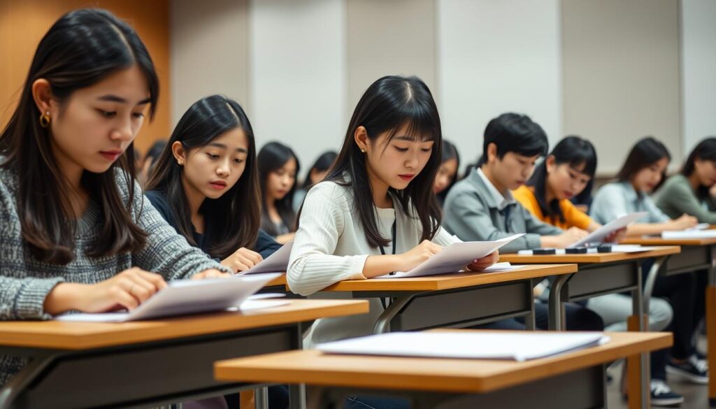 A group of young Japanese-looking individuals, with dark hair, seated at desks in a formal examination setting. The scene is well-lit, with a focused, serious atmosphere. The participants are intently focused on their papers, conveying the gravity of the "Design Certification Exam" they are taking. The overall composition is balanced, with a clear foreground, middle ground, and background elements that contribute to the sense of a professional, academic environment.
