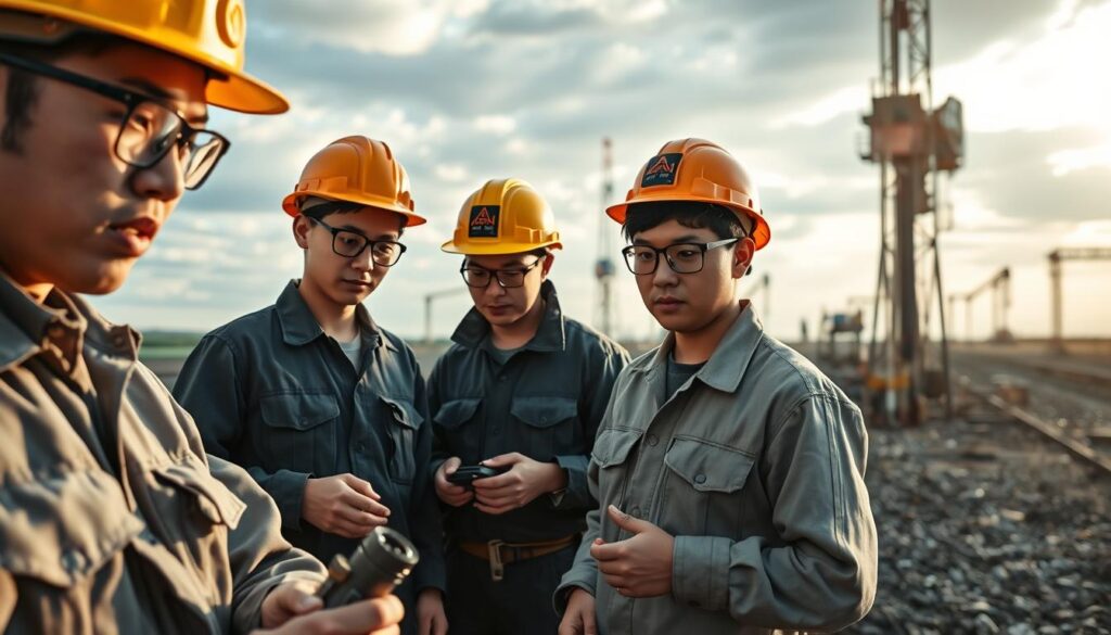 A group of young, Japanese-looking men in hard hats, safety glasses, and work uniforms, standing in a rugged, industrial setting. The foreground features a close-up of one driller examining a tool, while the middle ground shows the team engaged in various tasks like operating heavy machinery and inspecting equipment. The background depicts a sprawling oil field or construction site, with towering derricks and cranes silhouetted against a dramatic sky. The lighting is natural, with soft shadows and highlights that accentuate the subjects' features and the texture of the environment. The overall mood is one of focused, skilled labor and the challenges of the driller's profession.
