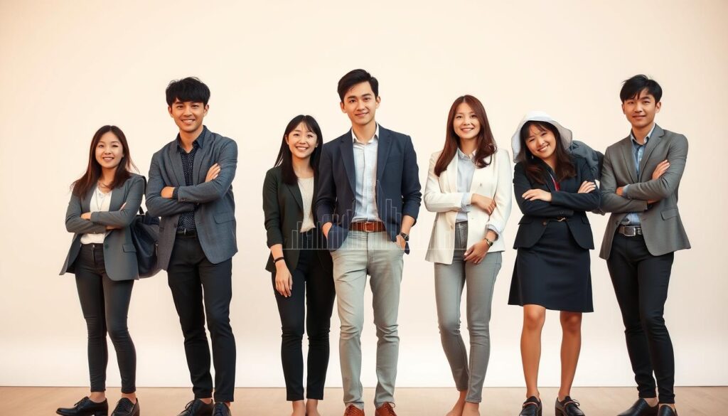 A group of young, Japanese-looking models posing casually against a clean, minimalist background. The foreground features the models, dressed in professional attire, showcasing a range of facial expressions and body language to convey the varied aspects of a graphic designer's career and lifestyle. The middle ground highlights a subtle graph or data visualization, hinting at the financial details and salary statistics relevant to the profession. The background is a softly blurred, neutral color palette, allowing the subject matter to take center stage. Warm, natural lighting illuminates the scene, creating a sense of professionalism and confidence. The overall mood is one of aspiration, showcasing the potential for a successful and rewarding career as a graphic designer.