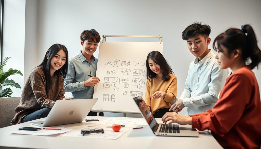 A group of young, Japanese-looking models posing in a professional environment, demonstrating the core skills of a conceptual designer. The scene is brightly lit, with soft, natural lighting and a clean, minimalist backdrop that allows the models' work to take center stage. The models are engaged in various design-related tasks, such as sketching, brainstorming on a whiteboard, and manipulating digital design software on their laptops. Their expressions convey focus, creativity, and a deep understanding of the conceptual design process. The overall atmosphere is one of professionalism, innovation, and the pursuit of excellence in the field of conceptual design.