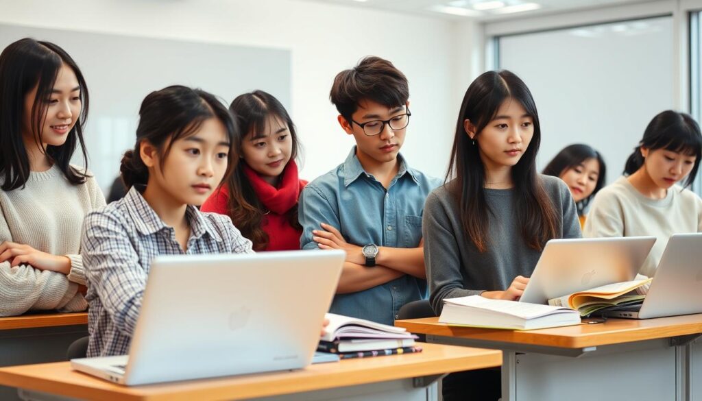 A group of young, Japanese-looking models stand in a bright, well-lit classroom, focused intently on their studies. They are seated at desks, with books, laptops, and other educational materials spread out before them. The scene conveys a sense of serious academic focus and determination, with the models' expressions reflecting their dedication to mastering the material. The overall atmosphere is one of a professional, hands-on training program for audio engineering, with a clean, modern aesthetic that suggests a high-quality educational experience.