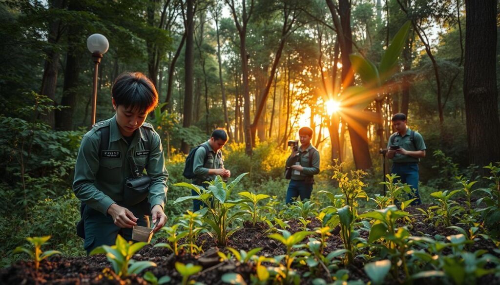 A group of young, Japanese-looking natural conservation officers diligently working in a lush, verdant forest environment. In the foreground, an officer collects soil samples, carefully examining the terrain. In the middle ground, others are setting up monitoring equipment and documenting wildlife. In the background, rays of warm, golden light filter through the dense canopy, creating a serene, contemplative atmosphere. The officers move with a sense of purpose and dedication, their facial expressions conveying the rewarding challenge of their work in protecting this fragile ecosystem.