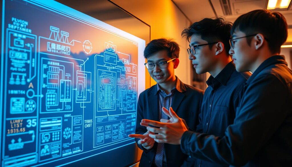 A group of young, Japanese-looking network engineers collaborating on a complex technical diagram projected on a wall. Warm, focused lighting illuminates their faces as they analyze the diagrams, their hands gesturing towards specific components. The scene conveys a sense of deep concentration and technical expertise, with the engineers working together to solve intricate network challenges.