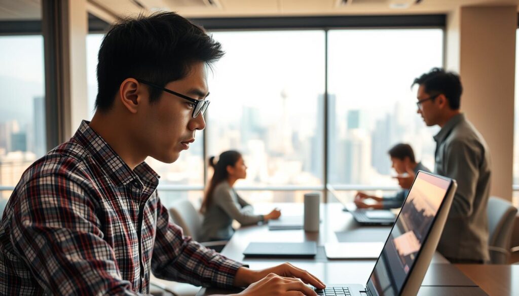 A group of young, Japanese-looking network engineers engaged in their daily work in a modern, well-lit office setting. In the foreground, an engineer diligently examines a laptop screen, brow furrowed in concentration. Behind them, colleagues collaborate around a conference table, their faces animated as they discuss technical schematics. In the background, a panoramic window overlooks a bustling city skyline, conveying a sense of the engineers' integration with the larger digital infrastructure. Warm, natural lighting bathes the scene, creating a calming, productive atmosphere that reflects the balance between the engineers' technical expertise and their overall work-life harmony.