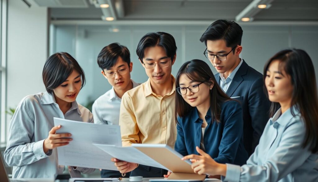 A group of young, Japanese-looking people in a modern office setting, showcasing the essential skills required for a buyer's role. The foreground features individuals intently analyzing market data, negotiating with suppliers, and collaborating on procurement strategies. The middle ground depicts them engaged in thoughtful discussions, drawing on their expertise in forecasting, budgeting, and logistics. The background showcases a well-lit, minimalist workspace with clean lines and subtle hints of technology, reflecting the analytical and detail-oriented nature of the buyer's profession. The overall scene conveys a sense of focus, professionalism, and the multifaceted competencies necessary for success as a buyer.