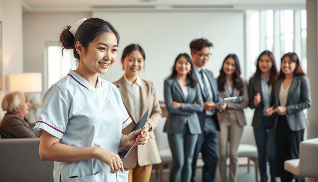 A group of young, Japanese-looking people in a professional office setting, showcasing a career progression path for home healthcare workers. The foreground features a woman in a nurse's uniform assisting an elderly patient, while the middle ground depicts several individuals in business attire engaged in discussions. The background shows a modern, well-lit office space with sleek furniture and floor-to-ceiling windows, creating a sense of professionalism and growth opportunities. The lighting is soft and natural, capturing the mood of a dynamic workplace. The overall scene conveys the diverse roles and responsibilities within the home healthcare field, highlighting the potential for career advancement.
