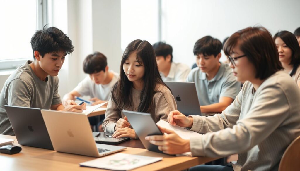 A group of young, Japanese-looking people sitting in a classroom, intently focused on learning game development techniques. The lighting is soft and natural, creating a warm, inviting atmosphere. The scene depicts a mix of hands-on activities, such as sketching character designs and coding on laptops, as well as discussions and lectures between the students and an instructor. The composition emphasizes the collaborative nature of the educational process, with the students working together and learning from each other. The overall mood conveys a sense of intellectual engagement and creative passion for the art of game creation.