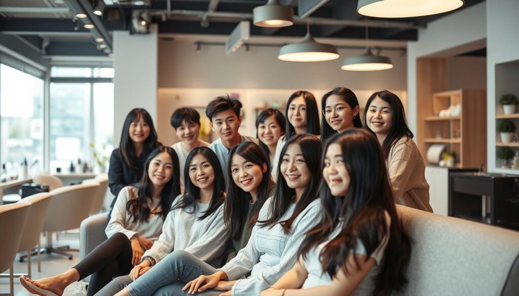 A group of young, Japanese-looking people with dark hair, gathered in a modern, well-lit beauty salon. They are enjoying various aspects of their work life, such as relaxing in comfortable seating, chatting with colleagues, and engaging in team-building activities. The scene conveys a sense of camaraderie, professional development, and a positive work environment that caters to the needs of beauty professionals.