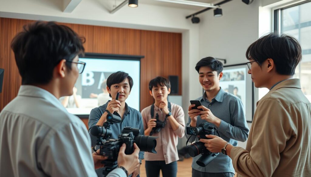 A group of young, Japanese-looking photo directors gathered in a modern, minimalist studio, discussing ways to improve their work-life balance. Soft, natural lighting illuminates their faces as they review digital camera equipment and project images on a large screen. The atmosphere is focused yet relaxed, with an air of collaboration and innovation as they explore strategies for a more sustainable work culture.