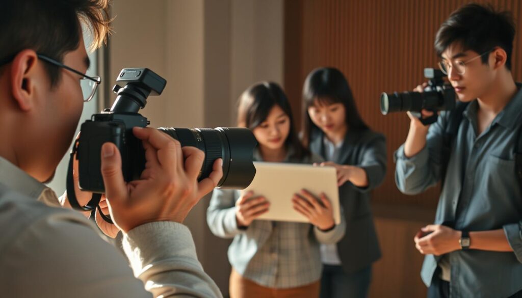 A group of young, Japanese-looking photographers engaged in various photography-related activities. In the foreground, a photographer is adjusting the settings on a professional-grade camera, capturing the details of a model's face through a telephoto lens. In the middle ground, two photographers are reviewing shots on a laptop, discussing composition and lighting. In the background, a photographer is directing a model's pose, ensuring the perfect angle and framing. The scene is bathed in warm, natural lighting, creating a realistic and professional atmosphere suitable for a photography director's work environment.