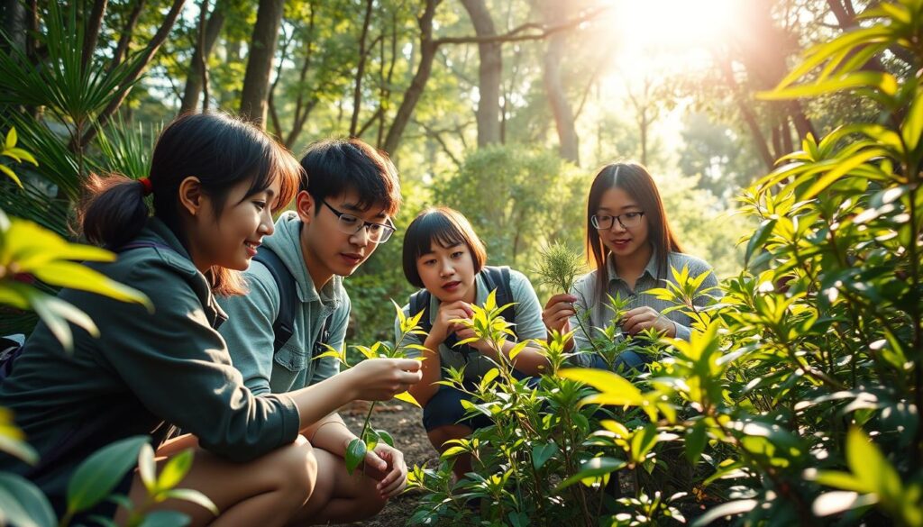 A group of young, Japanese-looking plant hunters meticulously examining lush foliage in a sunlit, verdant forest. One crouches down, carefully inspecting a specimen, while others stand, discussing their findings with focused expressions. Soft rays of light filter through the canopy, casting warm highlights on their faces and the vibrant plants surrounding them. The scene conveys a sense of scientific curiosity, dedication, and a deep appreciation for the natural world.