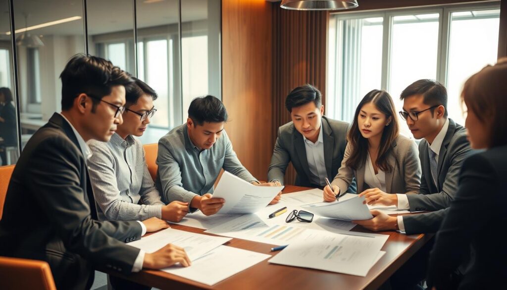A group of young, Japanese-looking professional consultants are gathered around a conference table, engaged in a deep discussion. Warm lighting casts a contemplative mood, as they pore over financial reports and strategic plans. The scene conveys the intellectual rigor and problem-solving focus of the management consultant's role, hinting at the high-stakes, high-income nature of their work. A sense of dynamic collaboration and analytical precision permeates the image, captured through a wide-angle lens that emphasizes the team dynamic. The consultants' expressions are serious yet determined, reflecting the gravity of the decisions they must make to drive their clients' success.