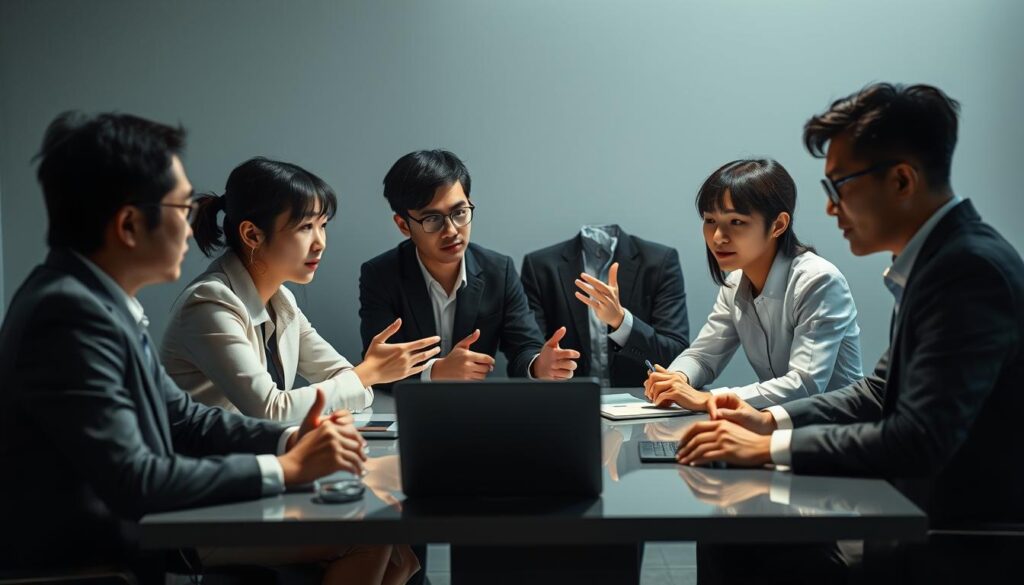 A group of young, Japanese-looking professionals engaged in an intense, yet refined, networking session. They are seated around a sleek, minimalist table, their expressions focused and intent, hands gesturing as they discuss the latest technological advancements and industry trends. Soft, directional lighting casts dramatic shadows, emphasizing the intensity of their conversation. The scene is captured with a high-quality camera lens, rendering the details with a realistic, cinematic quality. An atmosphere of intellectual discourse and strategic collaboration permeates the frame, reflecting the essence of "Technocrat Networking".