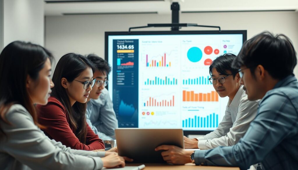 A group of young Japanese-looking professionals gathered around a table, deeply engaged in analyzing trend data displayed on a large screen. The scene is well-lit, with a soft, diffused light highlighting their focused expressions. The middle ground features a variety of colored charts, graphs, and data visualizations, while the background blurs into a neutral office setting. The overall atmosphere conveys the importance of trend analysis, with the models appearing determined and collaborative in their approach to uncovering valuable insights.