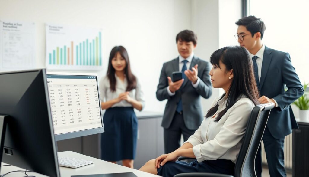 A group of young, Japanese-looking professionals in a bright, modern office setting. In the foreground, a woman in a white blouse and navy blue skirt sits at a desk, reviewing salary data on her computer screen. Behind her, two men in suits converse, gesturing towards financial charts on the wall. The lighting is soft and natural, creating a calm, professional atmosphere. The scene conveys a sense of productivity and attention to detail, reflecting the responsibilities and earning potential of speech-language pathologists.