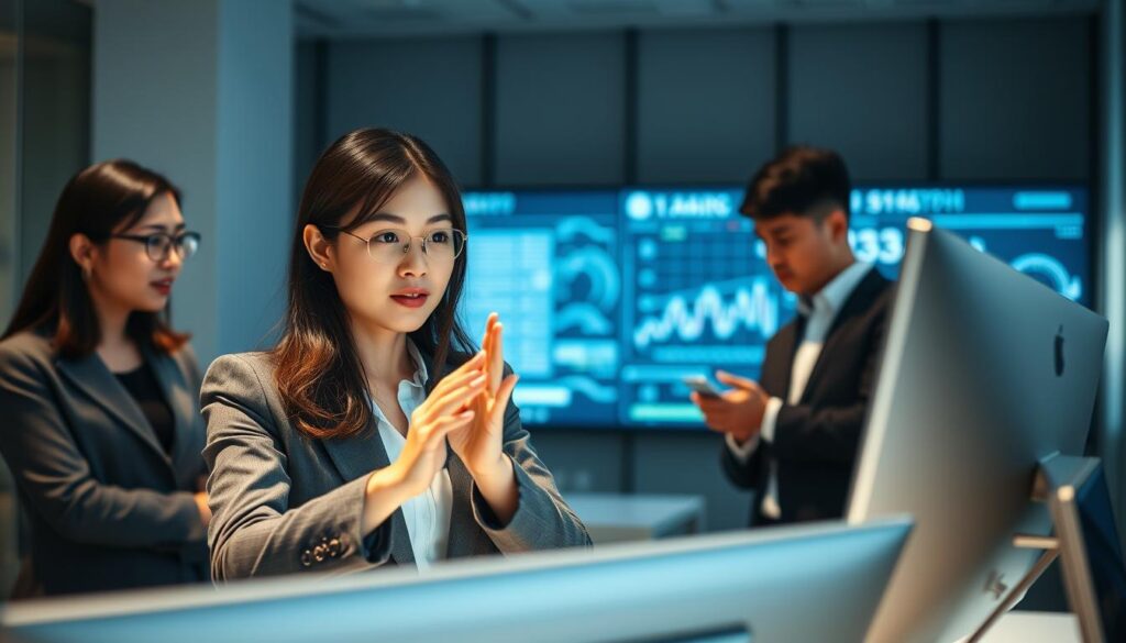 A group of young, Japanese-looking professionals in a clean, minimalist office setting. Soft, natural lighting illuminates their focused expressions as they collaborate on digital interfaces. The scene conveys a sense of efficiency, problem-solving, and technological expertise. In the foreground, a female technocrat in a tailored suit gestures animatedly, her gaze intent. Behind her, two male colleagues review data on a large screen, their body language radiating confidence and decisiveness. The overall atmosphere suggests the importance of technocratic competence, analytical thinking, and adaptability in the modern workplace.
