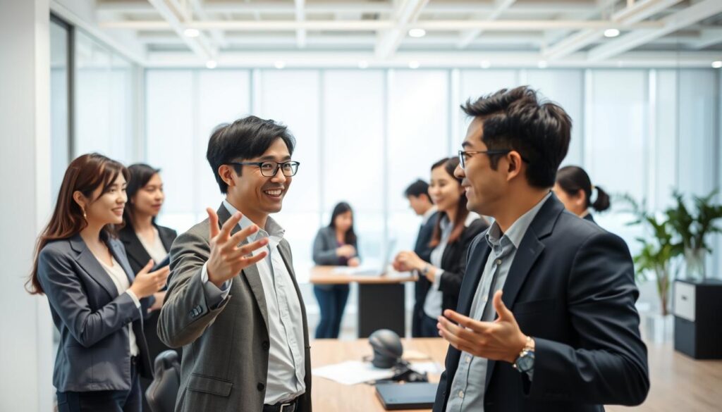 A group of young Japanese-looking professionals in a modern office setting, demonstrating various leadership skills. The foreground features a confident manager leading a team discussion, using hand gestures and making eye contact to convey their ideas. The middle ground shows employees collaborating on a project, engaged in animated conversation. The background depicts a minimalist workspace with clean lines, ample natural lighting, and a sense of focus and productivity. The overall mood is one of dynamic, forward-thinking leadership in a professional, high-performance environment.