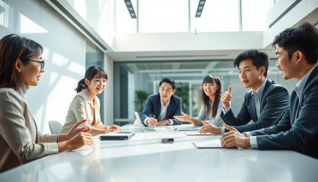 A group of young, Japanese-looking professionals in a modern office setting, engaged in collaborative discussions around a large, sleek table. The lighting is bright and natural, creating a sense of energy and productivity. The scene captures the dynamic nature of the fellowship recruitment process, with the figures gesturing animatedly and referencing digital displays projected onto the walls. The overall atmosphere conveys a forward-thinking, technology-driven work environment that reflects the growing demand for specialized fellowship roles.