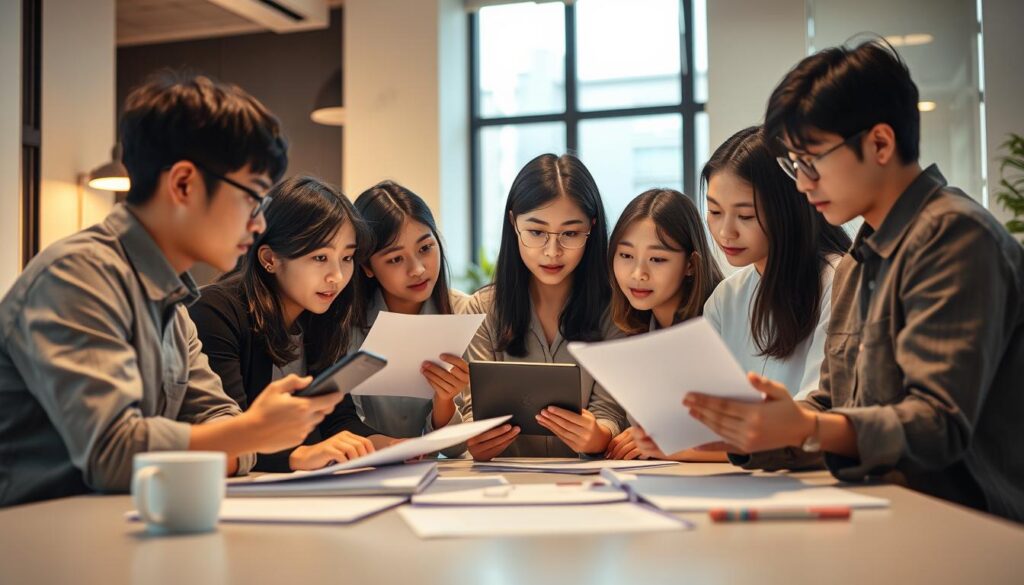 A group of young, Japanese-looking professionals in a modern office setting, exploring career transition from various design roles to become a design producer. The scene shows them in deep discussion, studying documents and digital devices, contemplating the next steps in their career journey. Warm, ambient lighting casts a focused, determined mood, with clean, minimalist decor setting the stage for an impactful decision-making process. The composition emphasizes the collaborative nature of this career shift, capturing the shared experience of these individuals as they navigate the path to becoming a design producer.