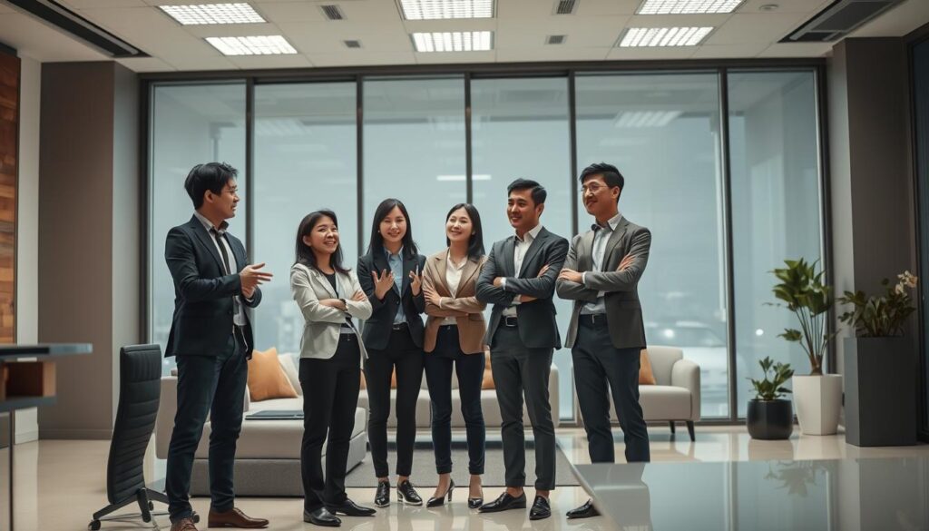 A group of young, Japanese-looking professionals in a modern office setting, standing together and discussing career strategies. The scene is well-lit, with soft, directional lighting from overhead and large windows in the background providing natural illumination. The figures are posed confidently, gesturing and engaged in conversation, conveying a sense of ambition and determination. The background features sleek, minimalist furniture and decor, creating a polished, corporate atmosphere. The overall mood is one of focus, productivity, and the drive to advance one's technical career.