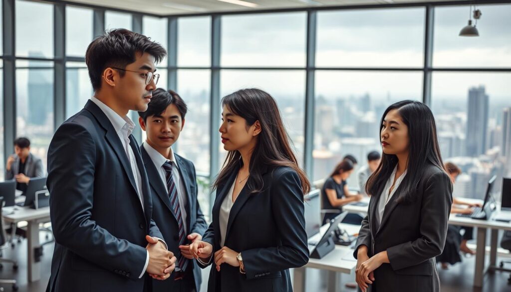 A group of young, Japanese-looking professionals in a sleek, modern office setting. The foreground features three individuals - a man and two women - engaged in a discussion, their expressions serious and intent. They are dressed in formal business attire, projecting an air of authority and expertise. The middle ground showcases additional team members collaborating at their desks, the office environment buzzing with productivity. The background depicts floor-to-ceiling windows, offering a panoramic view of a dynamic cityscape, hinting at the wide-ranging impact and influence of this elite group of technocrats. The lighting is bright and natural, creating a sense of professionalism and clarity. The overall atmosphere conveys the high-stakes world of technocratic careers and the diverse skillsets required to navigate this path.