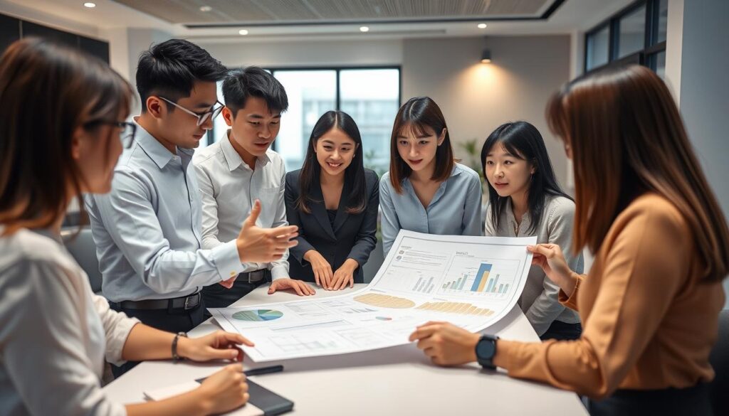 A group of young, Japanese-looking professionals in a well-lit office setting, gathered around a table and engaged in a collaborative project management discussion. The scene features a clean, minimalist workspace with modern furnishings, large windows, and subtle ambient lighting. The team members, with focused expressions, are gesturing towards a set of detailed plans and charts, showcasing their expertise in project planning, budgeting, and organization. The overall atmosphere conveys a sense of efficiency, teamwork, and strategic decision-making.